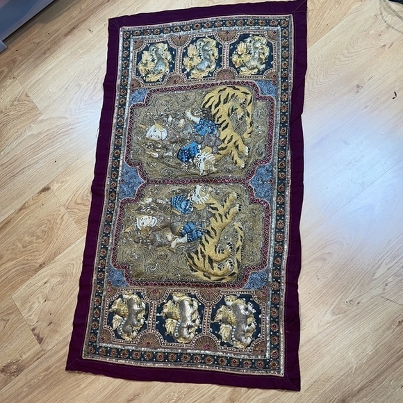 Burmese Kalaga Large Tapestry Tigers Dragons Riders 40” x 23” Handmade in Burma - Picture 2 of 13